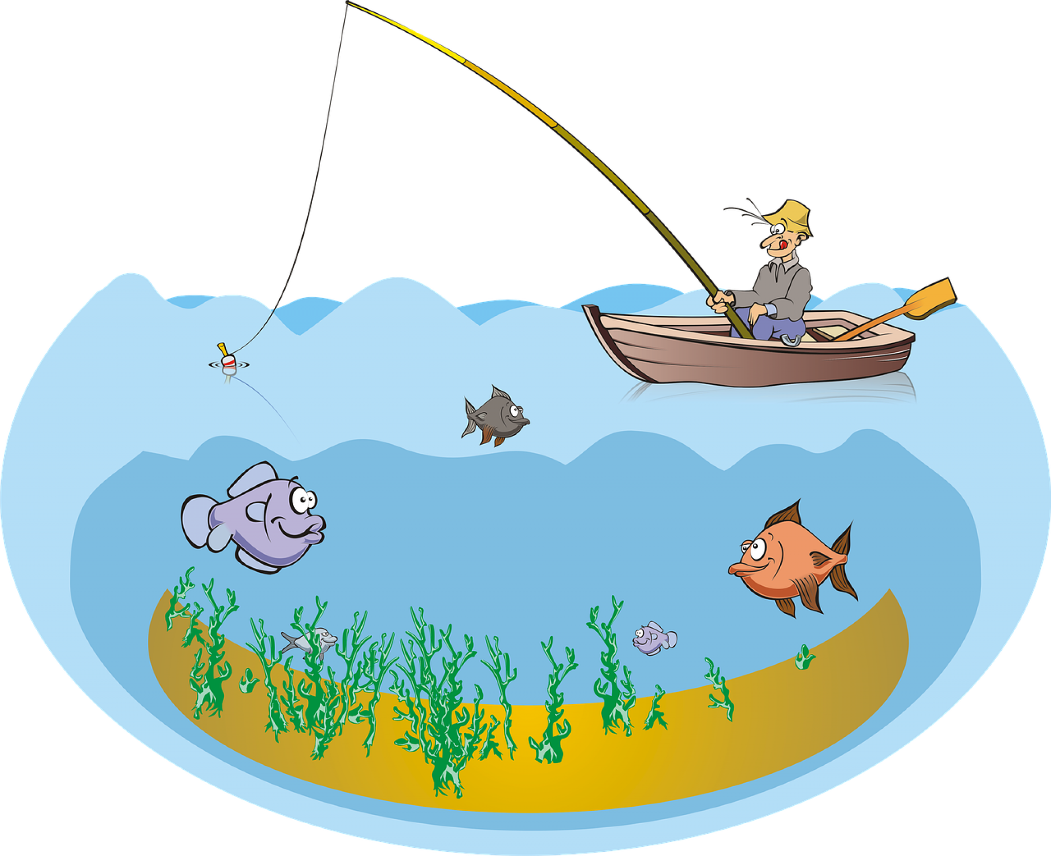 Рыбалка мультяшная. Рыбалка рисунок. Рыбак с удочкой в лодке. Рыбалка картинки для детей.