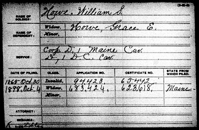 "U.S., Civil War Pension Index: General Index to Pension Files, 1861-1934," database and images, Ancestry.com (http://www.ancestry.com/ : accessed 29 Dec 2016); card for William S Howe.