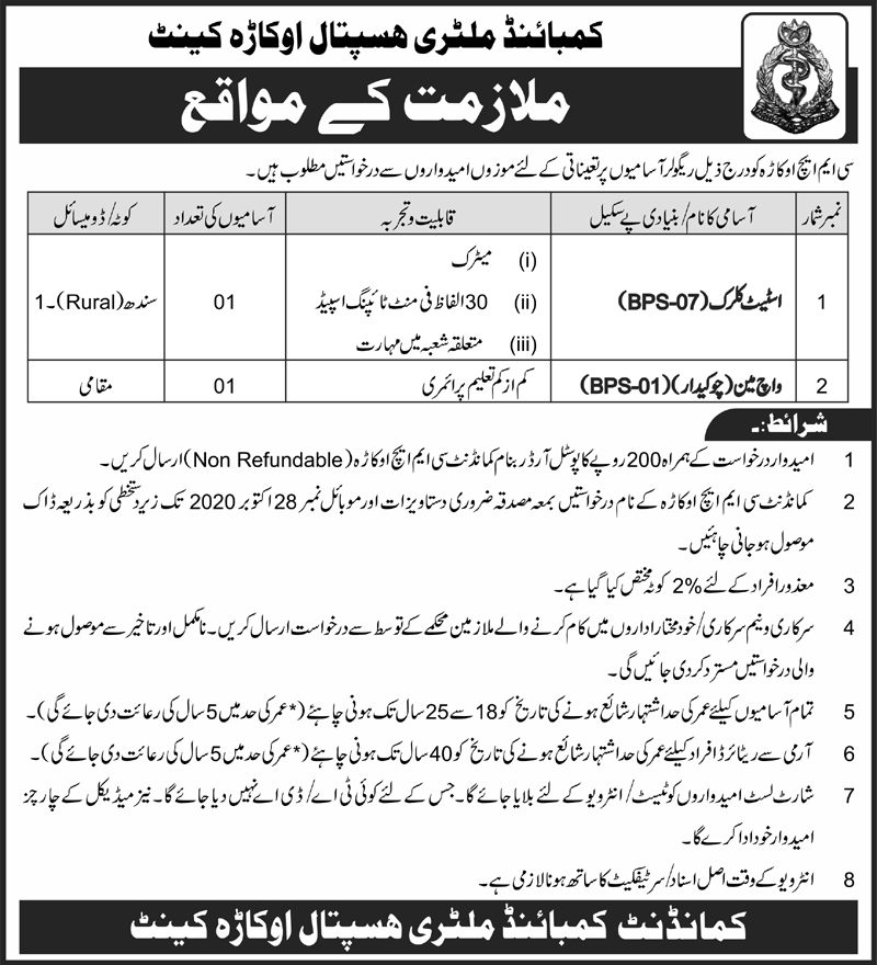 Commandant Combined Military Hospital Okara Cannt Jobs Commandant Combined Military Hospital Okara Cannt Jobs