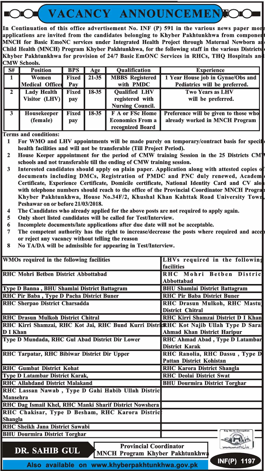 Maternal Newborn Child Health (MNCH) Khyber Pakhtunkhwa Jobs Latest