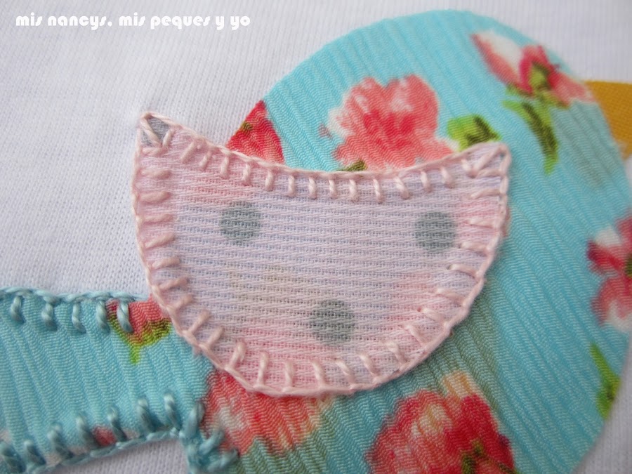 mis nancys, mis peques y yo, tutorial aplique en camiseta, birds in love, punto festón ala