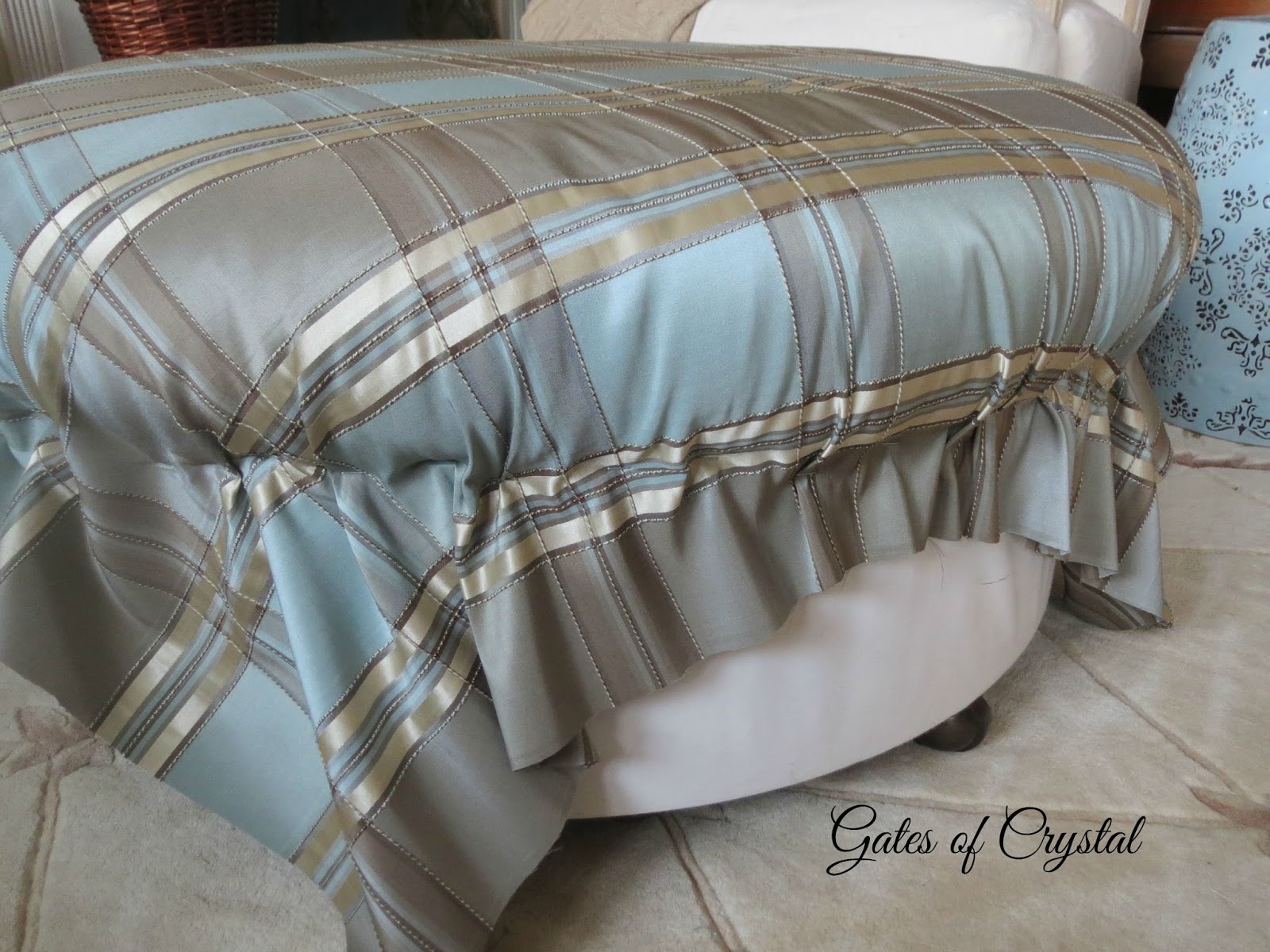 Gates of Crystal Reupholstering a Round Ottoman With Almost No Sewing!