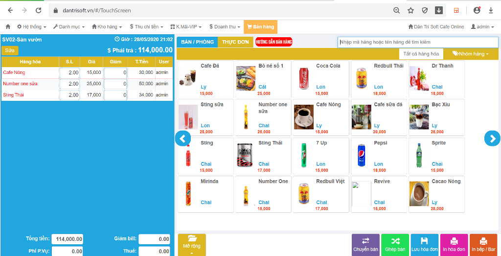 Bằng web: order món, thêm - sửa - xóa, chuyển/ghép, in bill, tính tiền
