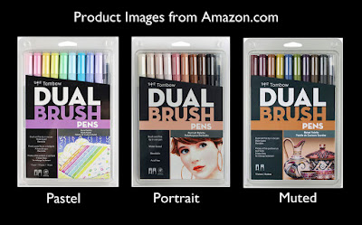 graphic with images of Tombow Dual Brush Marker Pen sets, portrait, pastel, and muted colors