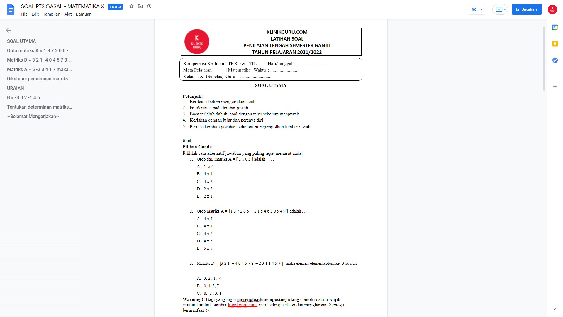 Download Contoh Soal PTS Gasal - MATEMATIKA SMK Kelas XI - Terbaru 2021