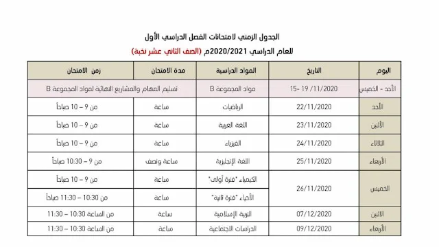 جدول امتحانات الفصل الاول 2020 الامارات الصف الثاني عشر