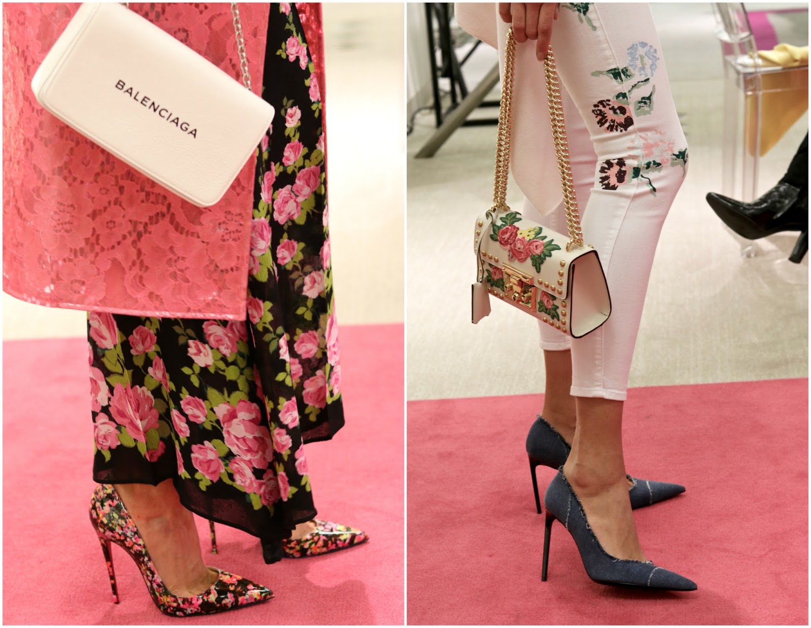 The return of the pointed toe shoe christian louboutin floral pointed heels, white balenciaga purse, pointed denim shoes