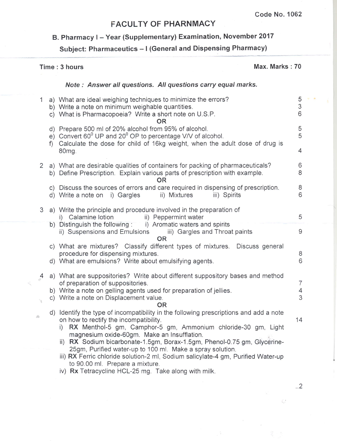 Osmania University B. Pharmacy I Year (Supplementary) Subject