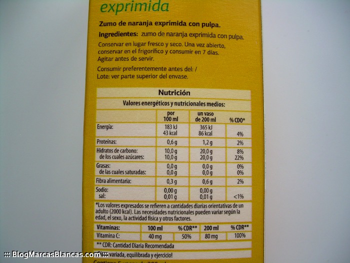 Valor nutricional zumo de naranja natural