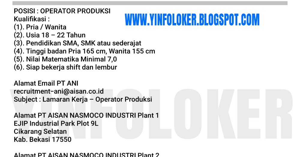 Alamat Pt Aisan Nasmoco Industri Plant 2