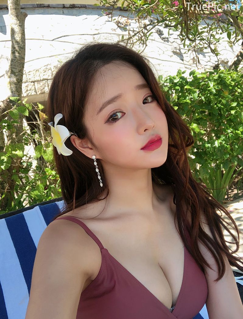 Korean model and fashion - Kang Eun Wook - Dark Maroon Onepiece Swimsuit
