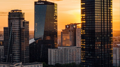 Skyscrapers, City, Aerial view, Sunset, Buildings