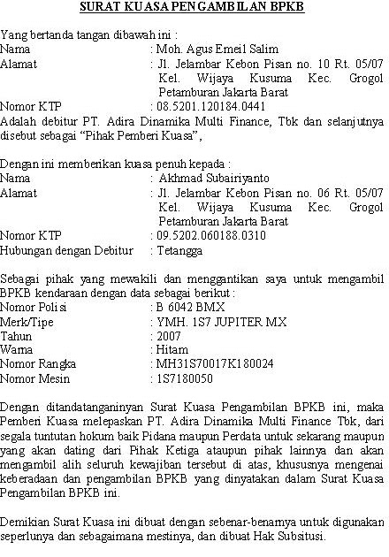 Contoh Surat Kuasa Pengambilan Bpkb Motor Di Wom Contoh