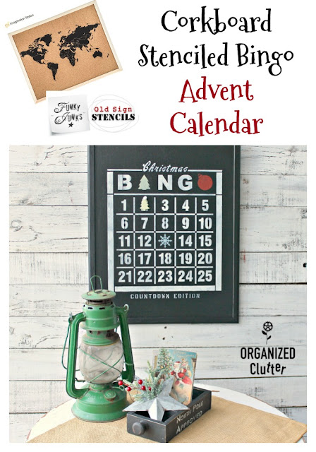 Bingo Edition Christmas Countdown Stenciled Corkboard #adventcalendar #oldsignstencils #stencil #rusticChristmas #bingocard #Christmasdecor