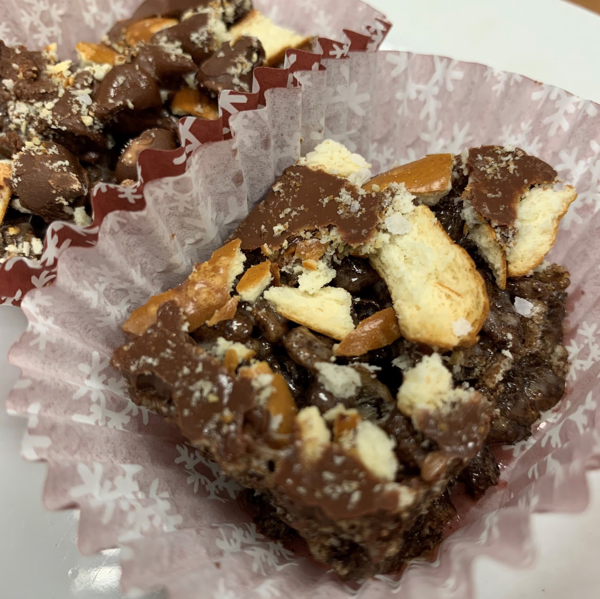 Chocolate Cereal Treats with Crushed Pretzels