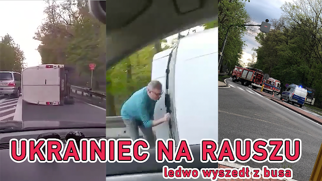 Mężczyzna z busa nie mógł o własnych siłach wyjść z przewróconego auta