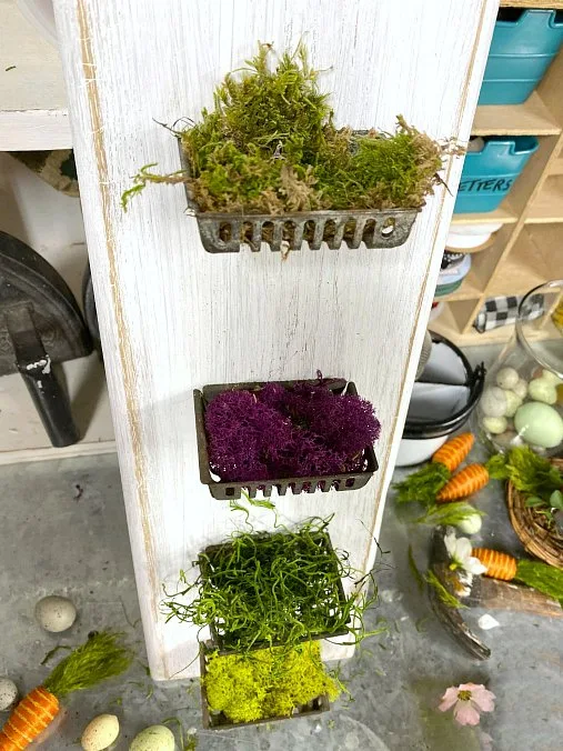 Repurposed cutting board soap baskets with colored moss