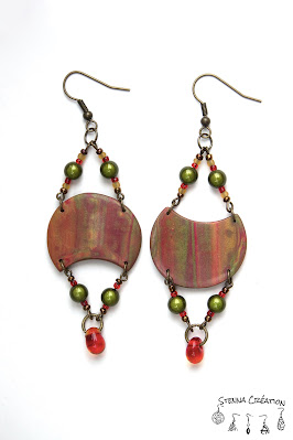 Boucles oreilles pâte polymère extrudeuse rouge ocre or vert Stenna Création