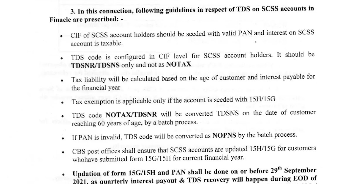 Deduction/Non Deduction of TDS in SCSS accounts in CBS Post Offices Postalstudy Post Office