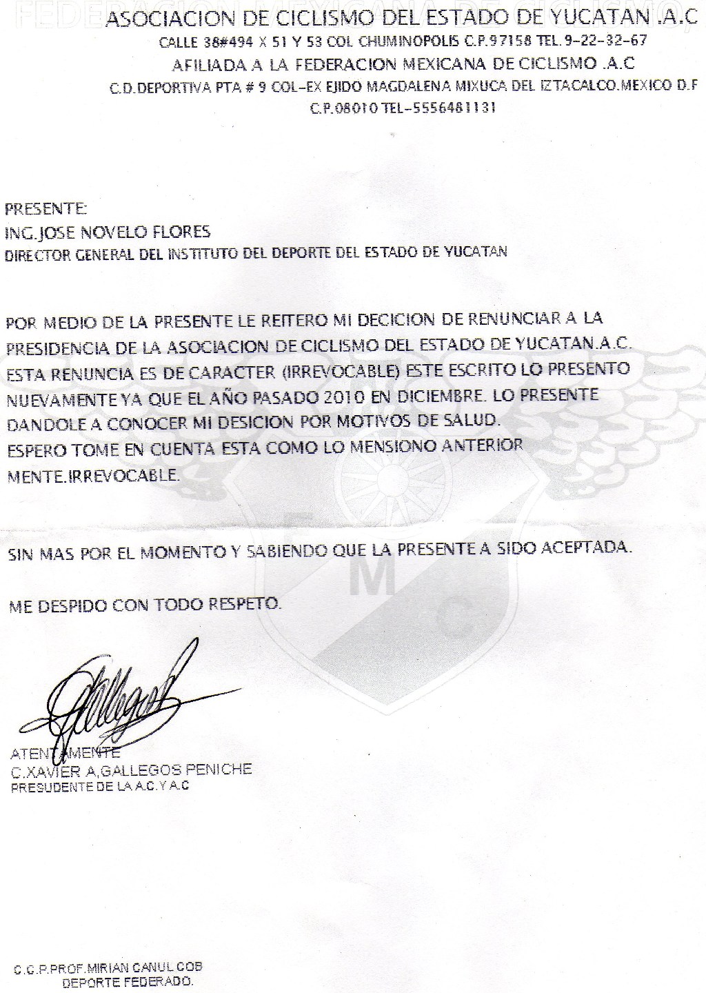 Ratificacion de renuncia de Xavier Antonio Gallegos ante 