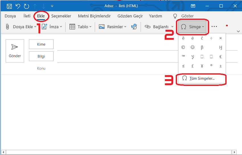 Outlook'ta Sembol Menüsü