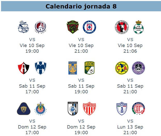 Previa jornada 8 del apertura 2021 del futbol mexicano