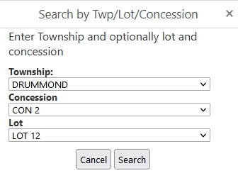 Screen capture of the "Search by Twp/Lot/Concession" menu from the Ontario "Make a Topographic Map" site with details of Drummond Township, Concession 2, Lot 12 filled in.