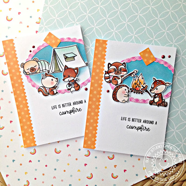 Sunny Studio Stamps: Critter Campout Fancy Frames Happy Campfire Scene Card Set with Franci