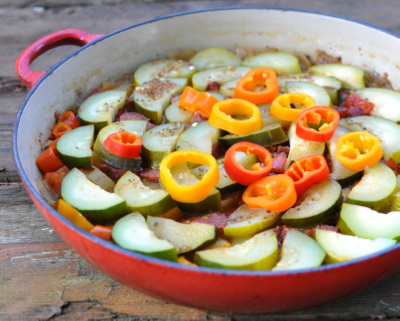 Balkan Summer Sausage Stew, another one-pot Quick Supper ♥ KitchenParade.com, a small portion of flavor-packed summer sausage with zucchini, tomatoes, potatoes or turnips, a hearty, satisfying dinner.