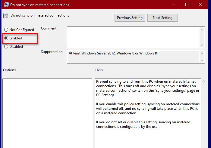 Activer ou désactiver la synchronisation de vos paramètres sur les connexions limitées dans Windows 10