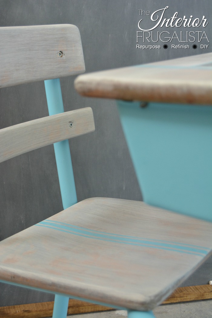 How to upcycle a vintage metal and wood classroom desk with bright turquoise paint and a whitewash finish plus a DIY chalkboard top writing slate.