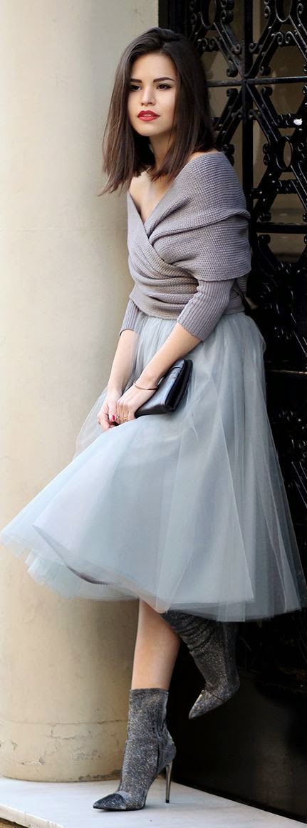 SHOP STYLE: Grey Faux Tulle Skirt , Off shoulder Cute Sweater and High Heel Booties | Street Style
