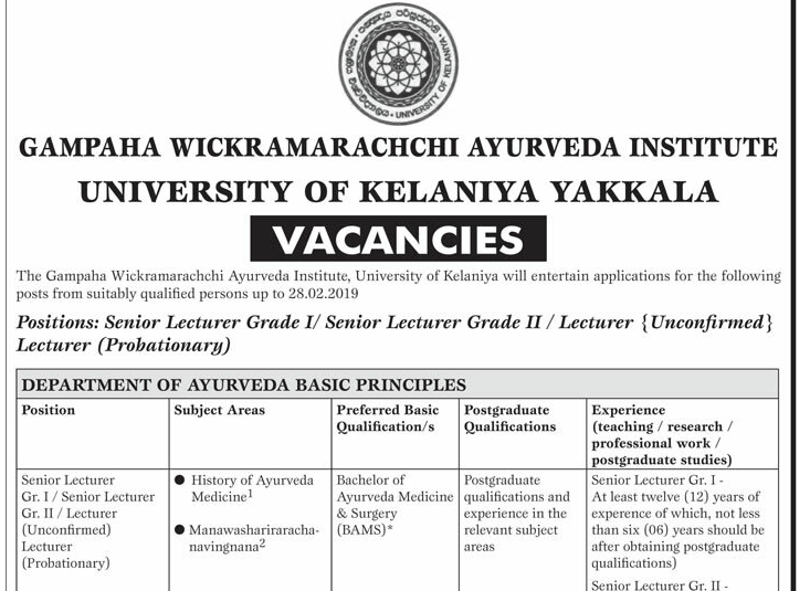 VACANCIES GAMPAHA WICKRAMARACHCHI AYURVEDA INSTITUTE TeachMore.lk