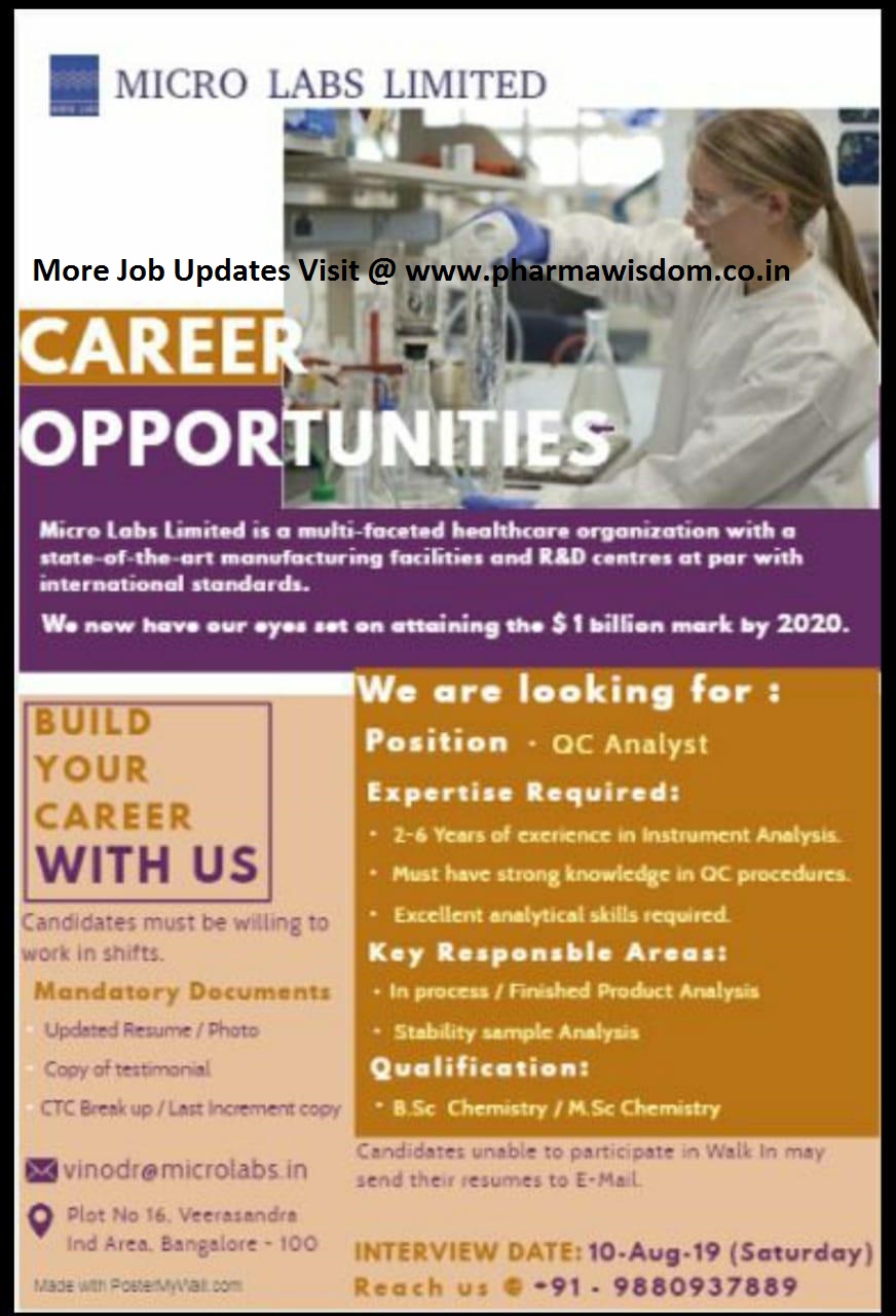 MICRO LABS LIMITED WalkIn Interviews for QC Analyst on 10th August