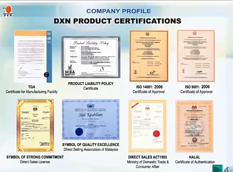 DXN Company Certificates