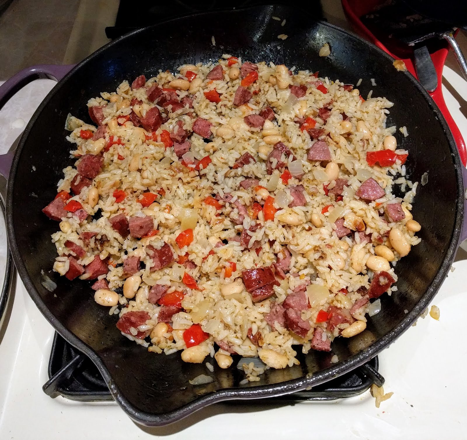 Carole Likes Round Food Skillet Beans, Rice, and Kielbasa