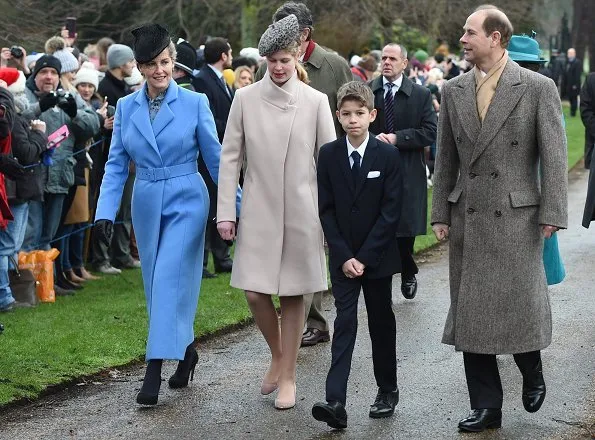 Kate Middleton wore Catherine Walker coat. Meghan Markle wore Victoria Beckham coat. Princess Eugenie wore Andrew Gn Coat. Autumn Phillips in Claire Mischevani coat