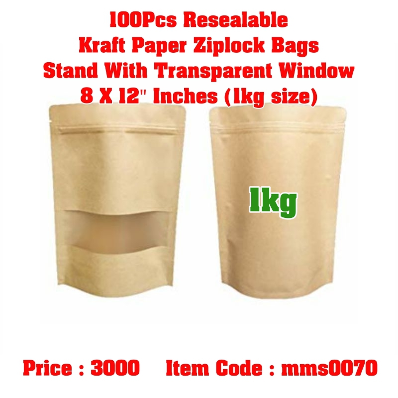 100Pcs Resealable Kraft Paper Ziplock Bags Stand With Transparent