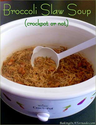 Broccoli Slaw Soup (crockpot or not): full of vegetables, chicken, noodles, and bright flavors, this very thick soup is a whole meal. | recipe developed by www.BakingInATornado.com | #recipe #soup