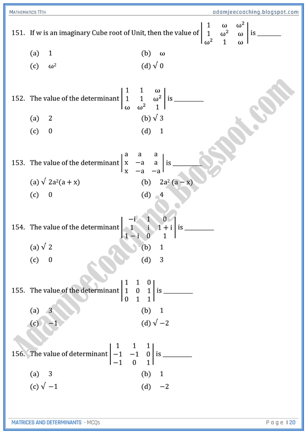 Adamjee Coaching Matrices and Determinants MCQs Mathematics 11th