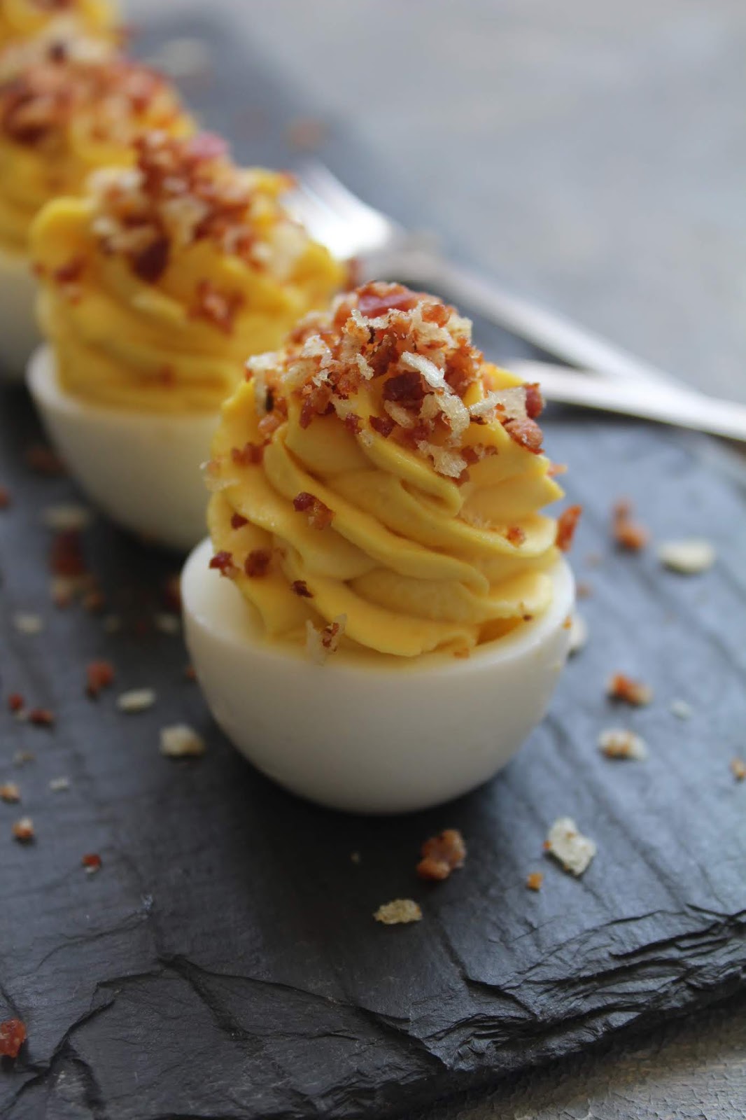 Authentic Suburban Gourmet Deviled Eggs with Bacon Potato Chip Dust