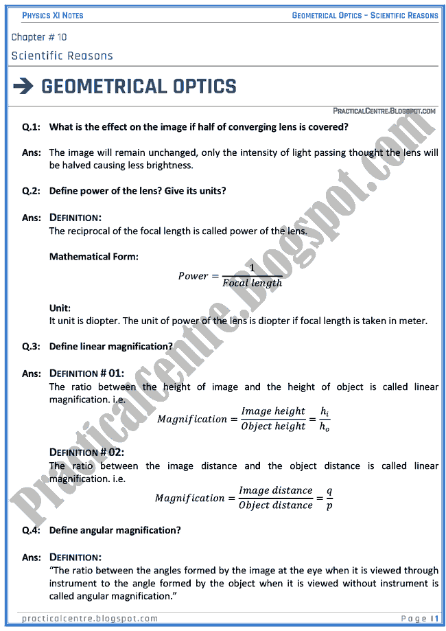 Geometrical Optics Scientific Reasons Physics XI Practical Centre