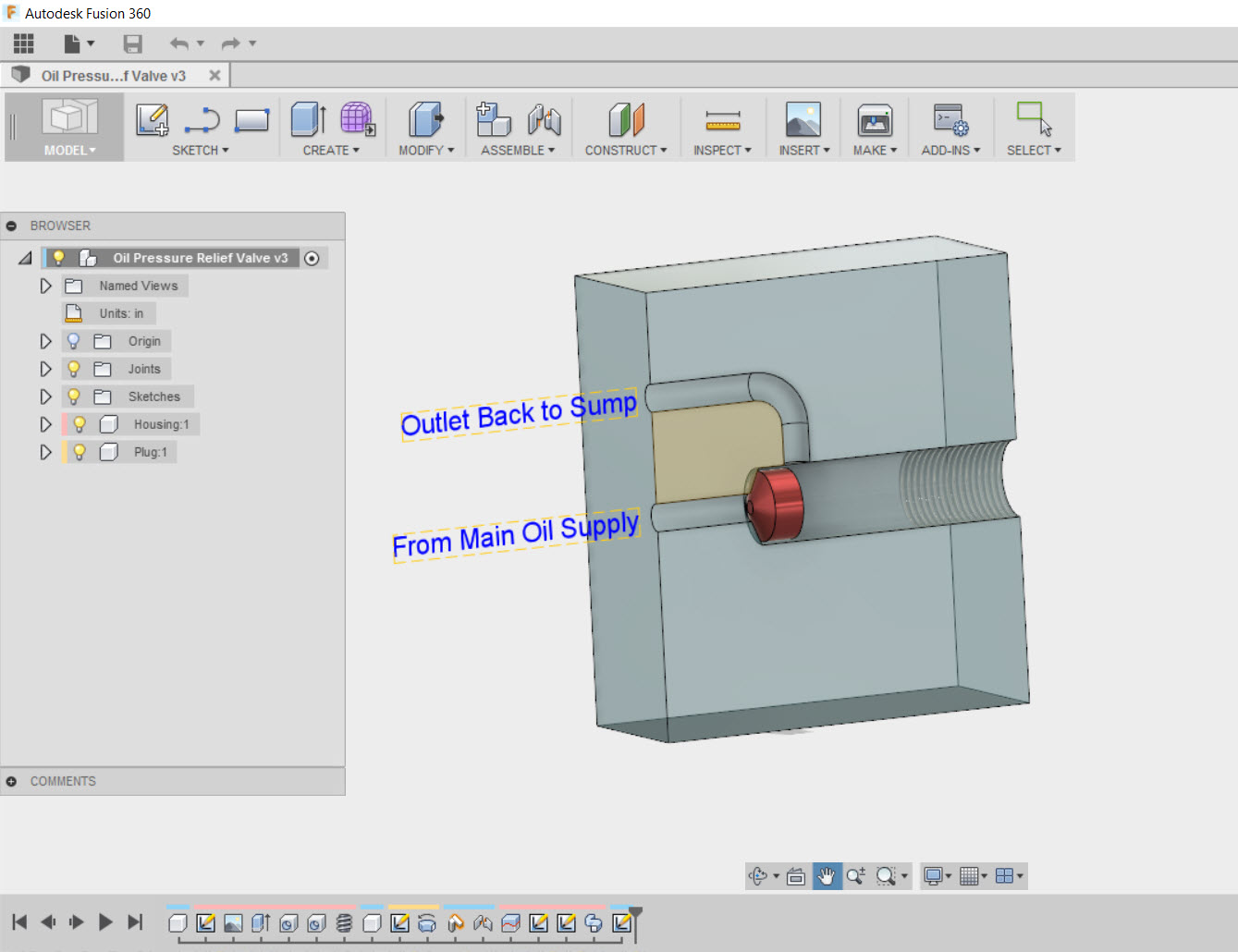 The oil relief valve model in Fusion 360