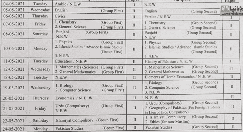 10th class date sheet 2021 latest download