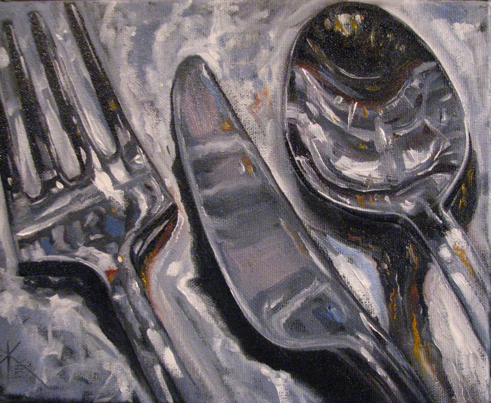 Kim Blair Artist Cutlery Painting, Silver on Silver One of Each, by