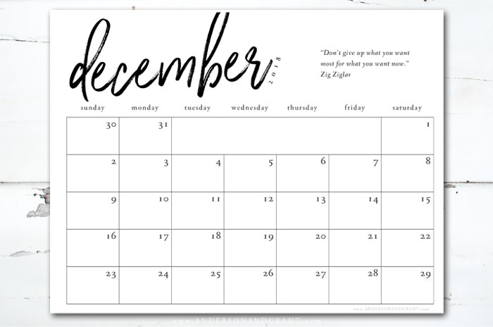 December printable calendar