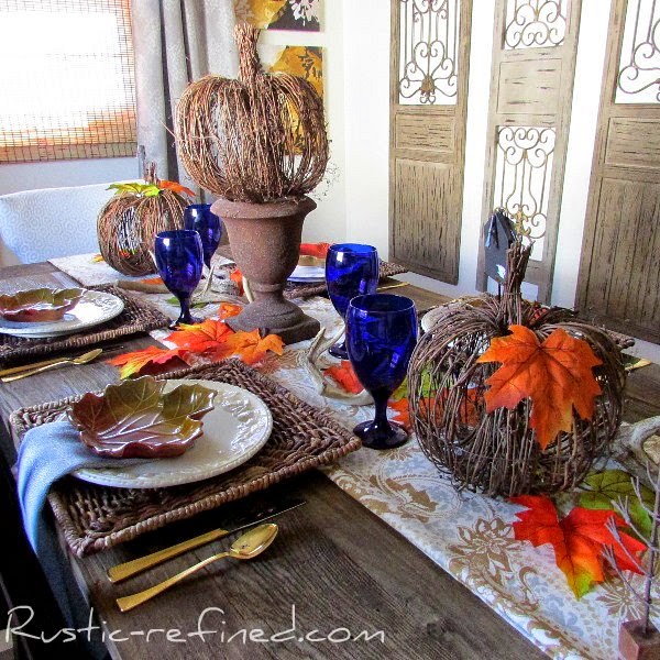 Cobalt Blue and Brown Fall Inspirational Tablescape