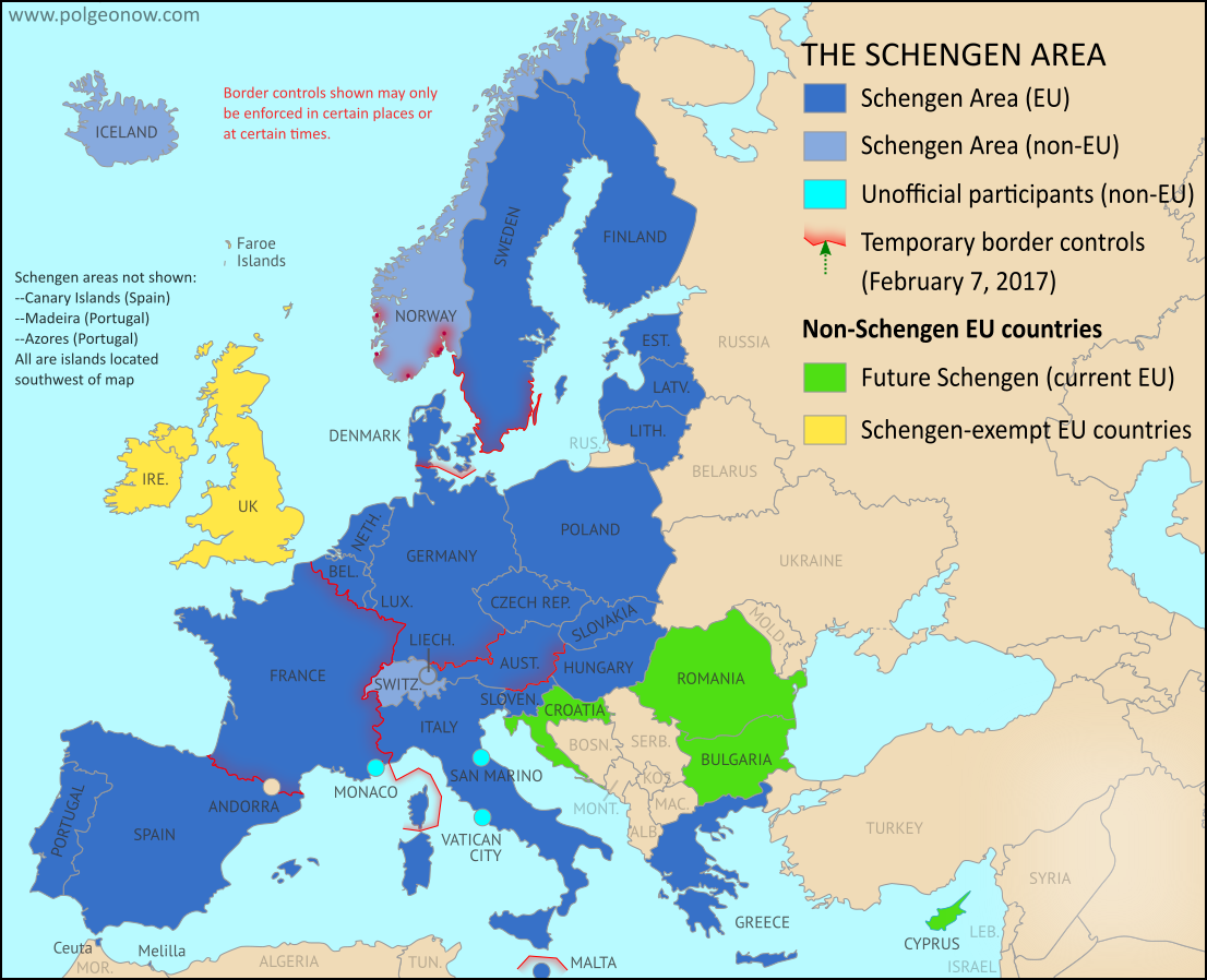 Schengen border checks map: map of Temporarily Reintroduced Border Control in the Schengen Area (the European Union's border-free travel zone) as of February 2017, color-coded for EU Schengen countries, non-EU Schengen countries, future Schengen countries, and Schengen-exempt EU countries, as well as microstates unofficially participating in the Schengen agreements (colorblind accessible).