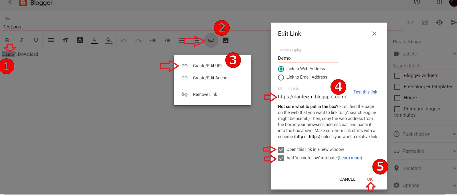 Blogger how to make a link on other page or post