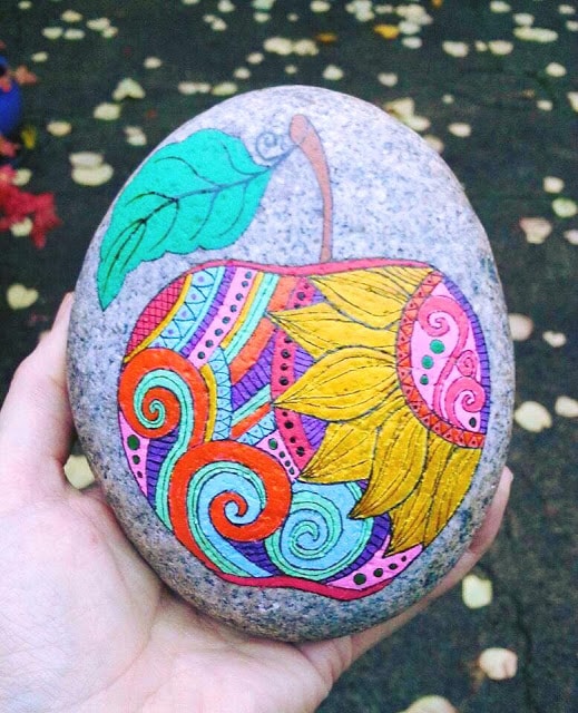 Zentangle Apple Painted Rock Using Posca Pens - I Love Painted Rocks